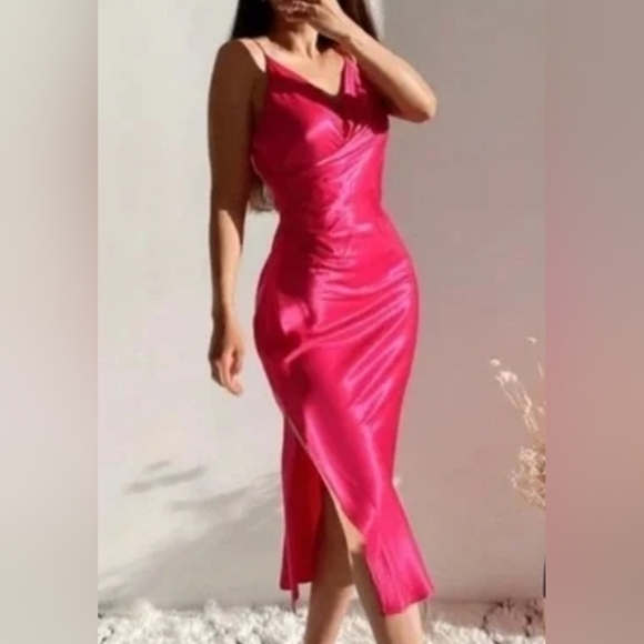 Zara Women's Hot Pink Fuchsia Satin Surplice Neckline Ruched Wrap Midi Dress, XS - Picture 5 of 12